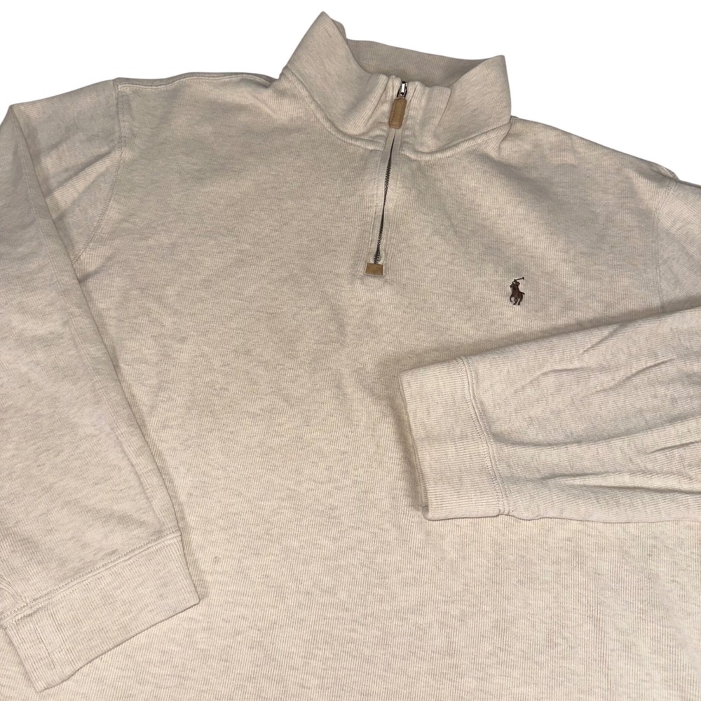 Polo Ralph Lauren 1/4 Zip Pullover Beige Cotton L/S Mock Neck Vintage Men's XL